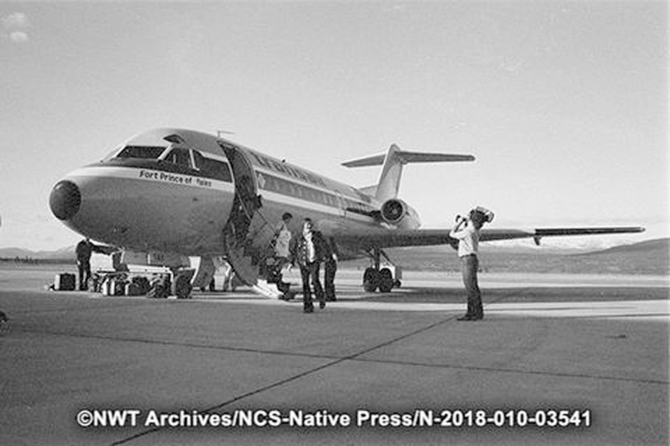 The Transair jet for the airline's inaugural service connecting Winnipeg, Yellowknife and Whitehorse. Here, it's on the tarmac in Whitehorse. NWT Archives/Native Communications Society fonds - Native Press photograph collection/N-2018-010: 03541