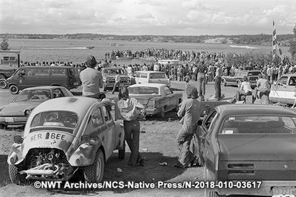Spectators at Long Lake in Yellowknife on Canada Day. NWT Archives/Native Communications Society fonds - Native Press photograph collection/N-2018-010: 03617