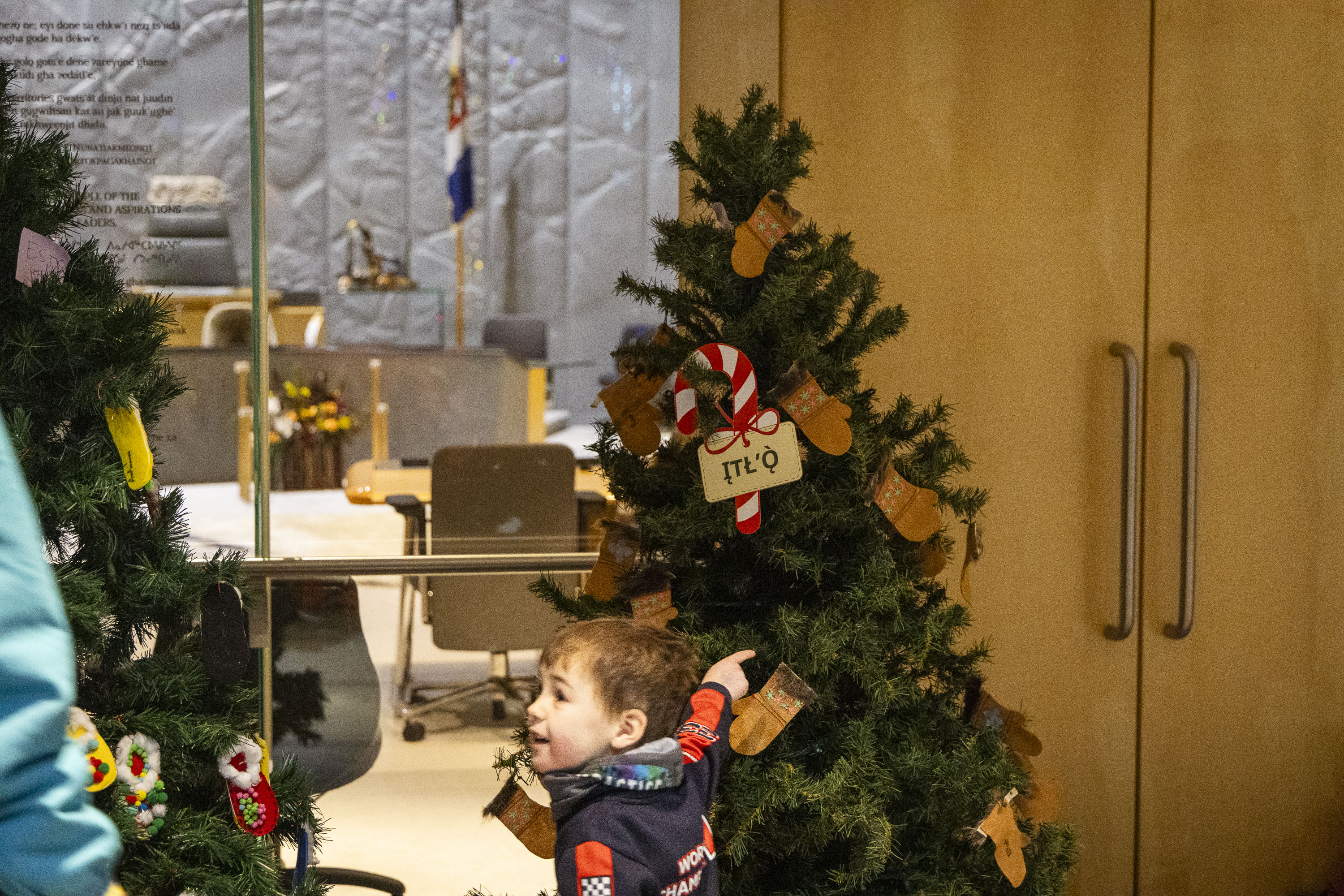 An excited young attendee points to one of the trees decorated by local schoolchildren. Ollie Williams/Cabin Radio