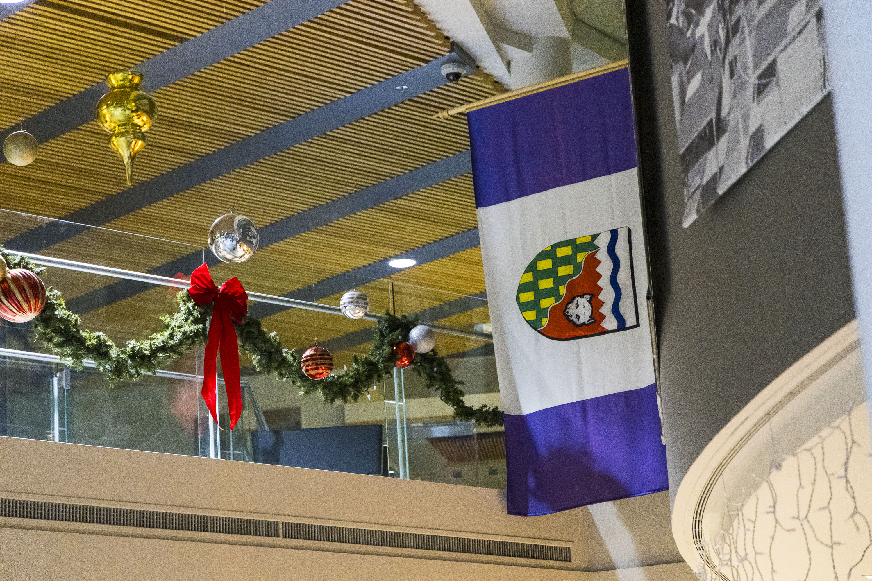 Christmas decorations alongside the NWT flag. Ollie Williams/Cabin Radio
