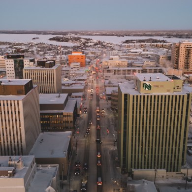 Downtown Yellowknife in December 2025. Sarah Pruys/Cabin Radio