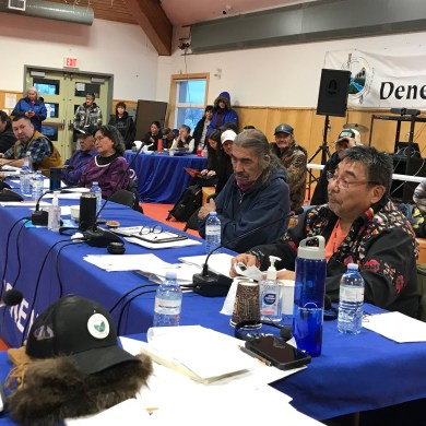 Chief Fred Sangris, right, at the Dene National Assembly in Fort Good Hope. Cody Punter/Cabin Radio