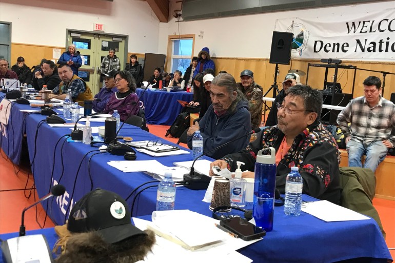 Chief Fred Sangris, right, at the Dene National Assembly in Fort Good Hope. Cody Punter/Cabin Radio