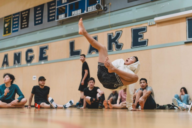 A competitor attempts to kick a sealskin ball during Alaskan high kick trials. Sarah Pruys/City of Yellowknife