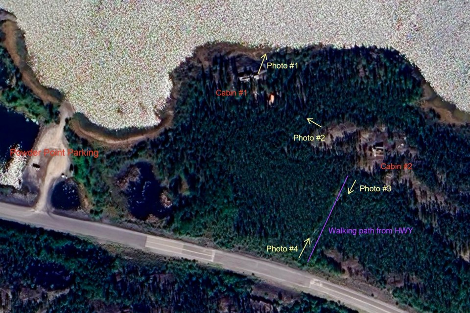 A GNWT map shows the location of the cabins with reference to the Powder Point parking lot.