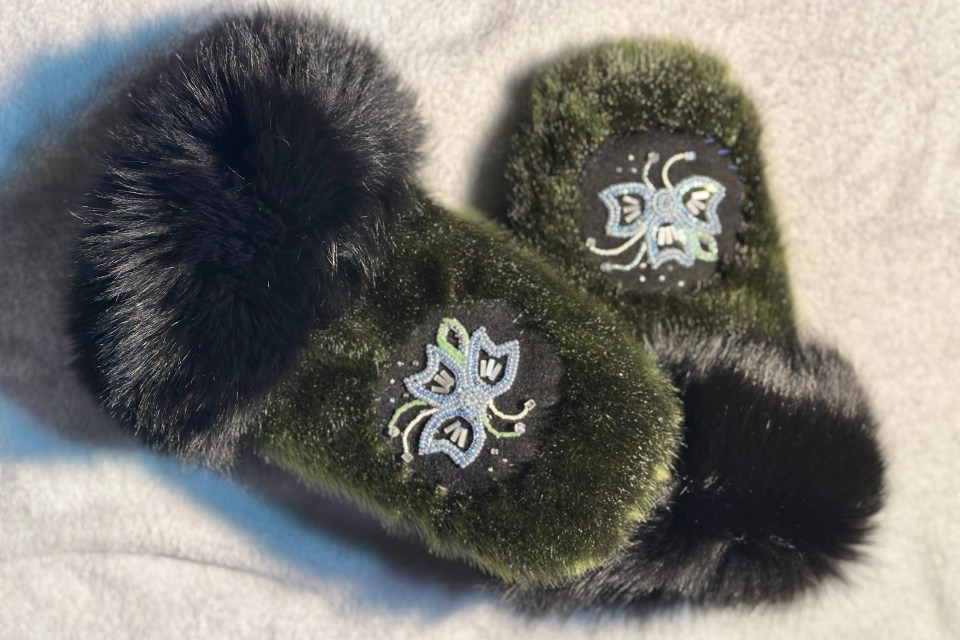 Ashley Jacobson made these beaded mittens with sealskin and fox fur. A pair of beaded mittens made with sealskin and fox fur by Ashley Jacobson. Photo: Submitted