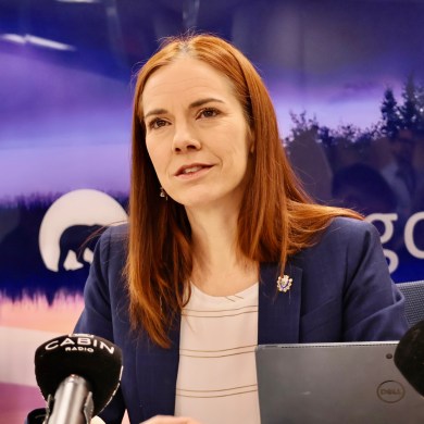 Caroline Wawzonek speaks to reporters ahead of the 2026 budget address. Emily Blake/Cabin Radio