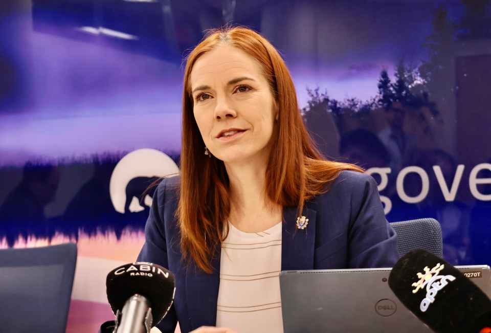 Caroline Wawzonek speaks to reporters ahead of the 2026 budget address. Emily Blake/Cabin Radio