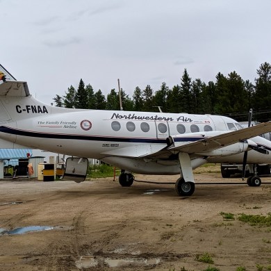 C-FNAA, the Northwestern Air Lease aircraft involved in the fatal 2024 crash, pictured in a file photo from 2019. Ollie Williams/Cabin Radio