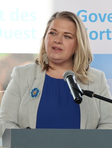 Immigration minister Caitlin Cleveland at a news conference about the NWT Nominee Program on February 18, 2026. Aastha Sethi/Cabin Radio