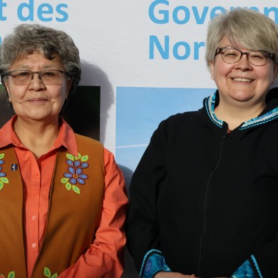 Monfwi MLA Jane Weyallon Armstrong, left, and housing minister Lucy Kuptana. Aastha Sethi/Cabin Radio