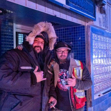 The Underground co-owner Layne Rybchinski, left, awaits the return of power so the Still Dark Festival can begin. Miriam Bosiljevac/Cabin Radio