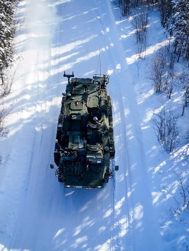 An armoured vehicle on a portage north of Yellowknife during an Operation Nanook-Nunalivut training exercise on February 19, 2026. Ollie Williams/Cabin Radio