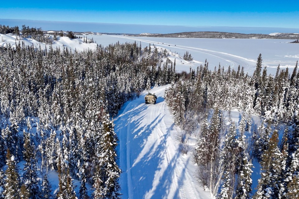 An armoured vehicle on a portage north of Yellowknife during an Operation Nanook-Nunalivut training exercise on February 19, 2026. Ollie Williams/Cabin Radio