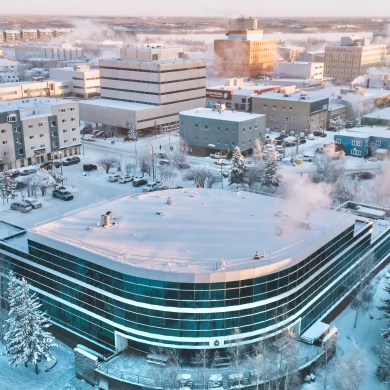 Joint Task Force North's headquarters, bottom middle, in downtown Yellowknife. Sarah Pruys/Cabin Radio