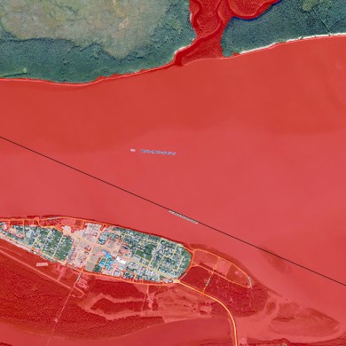 A section from a 200-year flood hazard map for Fort Simpson published by the GNWT.