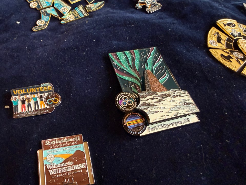 A Team Alberta North Dene Games pin. Ollie Williams/Cabin Radio