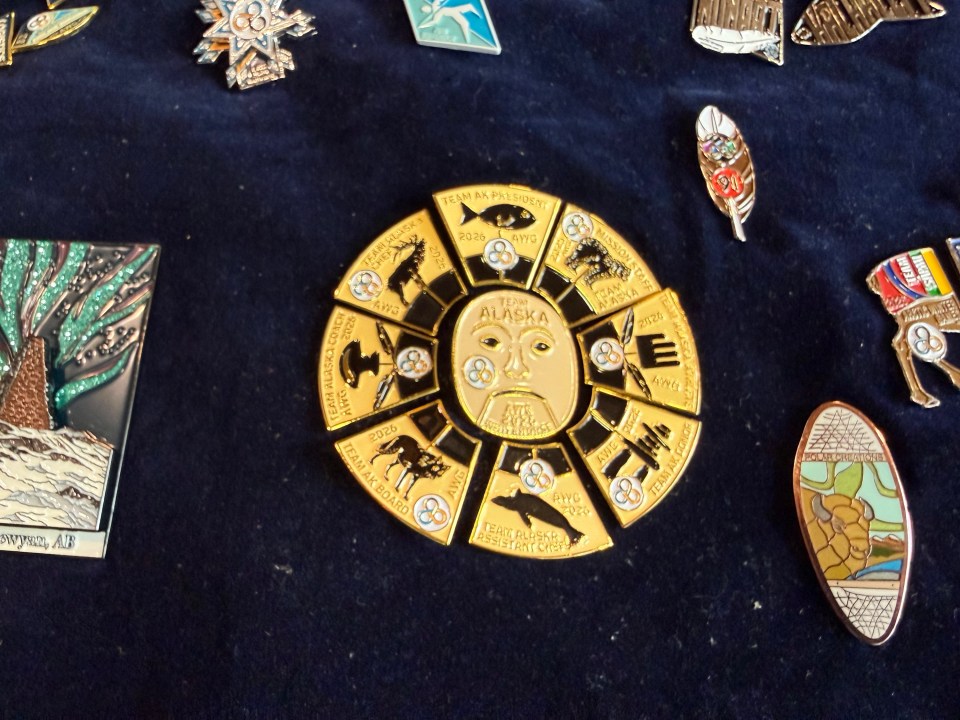 Alaska's Whitehorse 2026 pin set. Ollie Williams/Cabin Radio