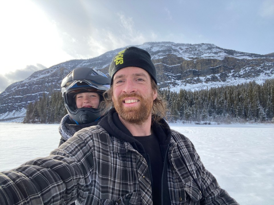 Jeff, right, and Avery on a more sedate trip to the cabin. Photo: Submitted