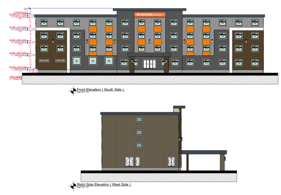 Schematics for the Stanton Express hotel as shown in documents submitted to city planners.