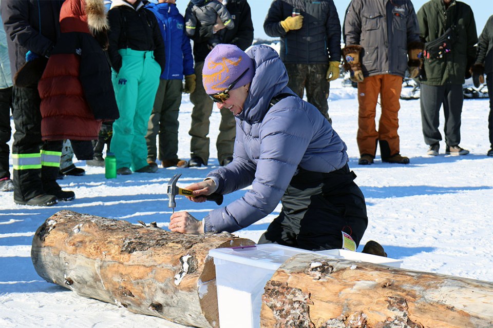 Woman pounds a nail in a log as part of a game