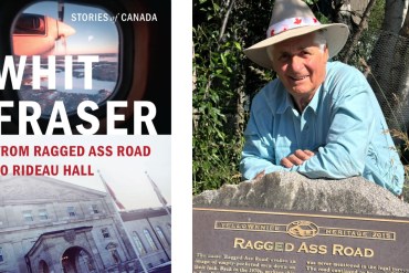 The cover to Whit Fraser's new memoir, left, and the author behind Yellowknife's Ragged Ass Road sign in a submitted photo.