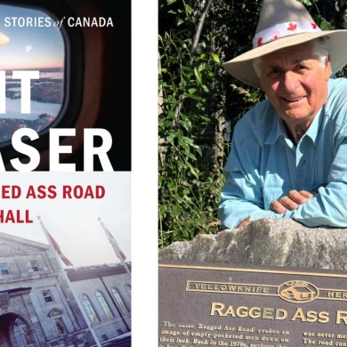 The cover to Whit Fraser's new memoir, left, and the author behind Yellowknife's Ragged Ass Road sign in a submitted photo.