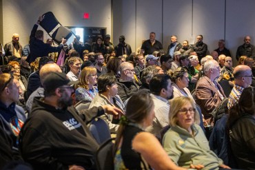 The crowd at a DND public meeting in Yellowknife on April 23, 2026. Ollie Williams/Cabin Radio