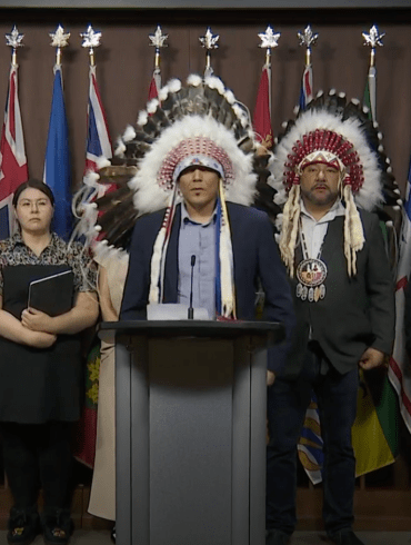 Mikisew Cree First Nation Chief Billy-Joe Tuccaro, centre, speaks at a press conference in Ottawa livestreamed on CPAC.