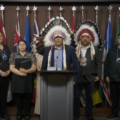 Mikisew Cree First Nation Chief Billy-Joe Tuccaro, centre, speaks at a press conference in Ottawa livestreamed on CPAC.