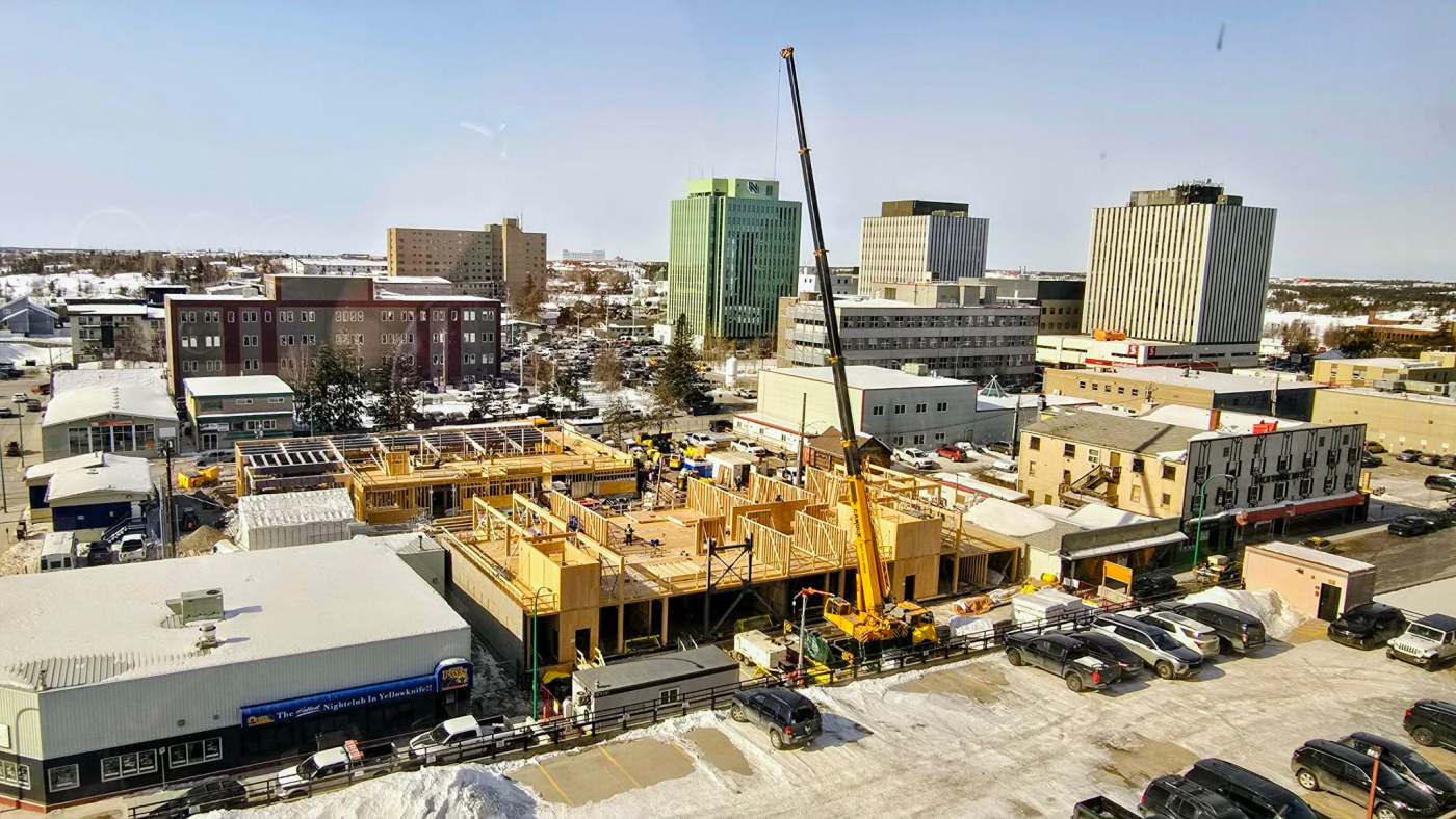 Construction work in downtown Yellowknife in April 2026. Photo: Michelle MacDonald