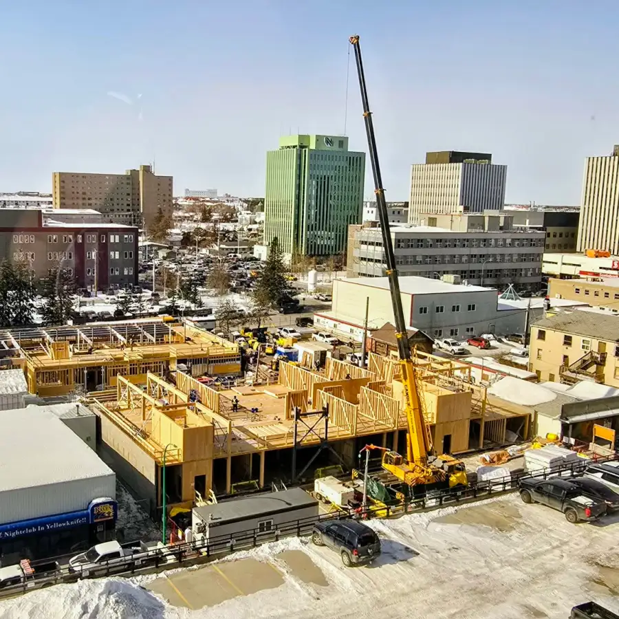 Construction work in downtown Yellowknife in April 2026. Photo: Michelle MacDonald