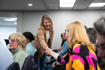 Mélanie Joly greets people at a Yellowknife event on Canada's Defence Industrial Strategy. Kai Wilson/Cabin Radio