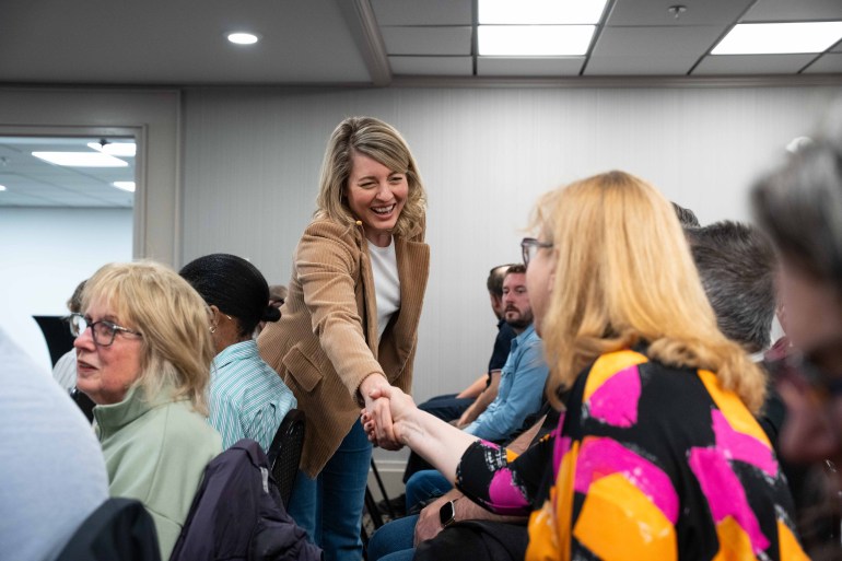 Mélanie Joly greets people at a Yellowknife event on Canada's Defence Industrial Strategy. Kai Wilson/Cabin Radio