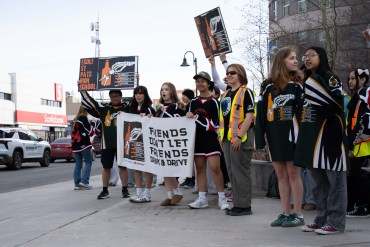 Students Against Destructive Decisions outside the Greenstone building in Yellowknife. Kai Wilson/Cabin Radio