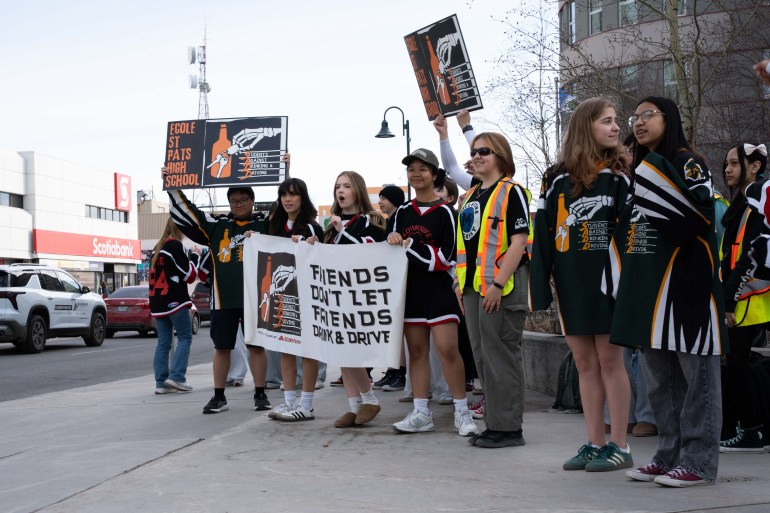 Students Against Destructive Decisions outside the Greenstone building in Yellowknife. Kai Wilson/Cabin Radio
