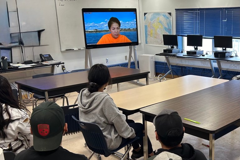 Karalyn Menicoche delivers a Connected North presentation to an Ulukhaktok classroom on Orange Shirt Day in 2024. Jayson Moore/Connected North