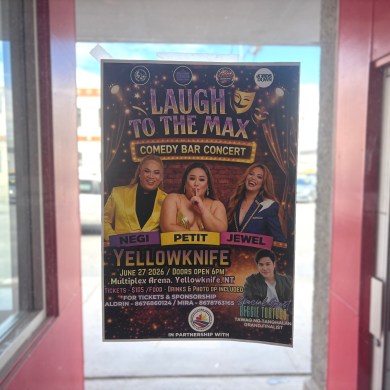 A poster for Laugh to the Max, an event coming to Yellowknife in June. Aastha Sethi/Cabin Radio