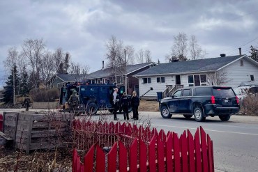 An RCMP tactical armoured vehicle on Yellowknife's 57 Street on May 8, 2026. Claire McFarlane/Cabin Radio