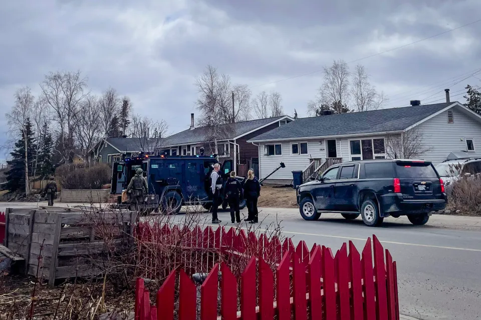 An RCMP tactical armoured vehicle on Yellowknife's 57 Street on May 8, 2026. Claire McFarlane/Cabin Radio