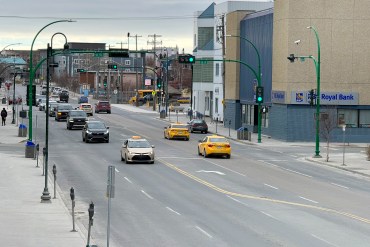 Yellowknife's 50 Avenue on May 8, 2026. Ollie WIlliams/Cabin Radio
