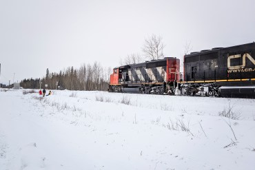 A CN Rail train leaves Hay River in January 2019. Ollie Williams/Cabin Radio