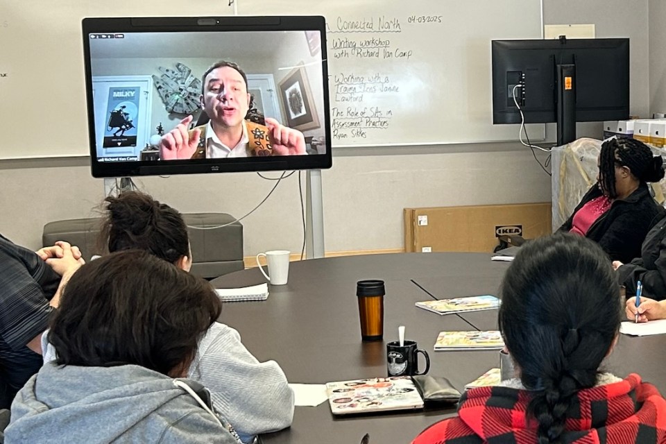 Author Richard Van Camp leads a Connected North session during a teacher PD day at Fort Simpson's Łı́ı́dlı̨ı̨ Kų́ę́ Regional High School. Jayson Moore/Connected North