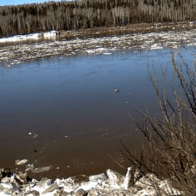 A Water Survey of Canada/GNWT camera image of river conditions at Fort Liard on May 4, 2026.