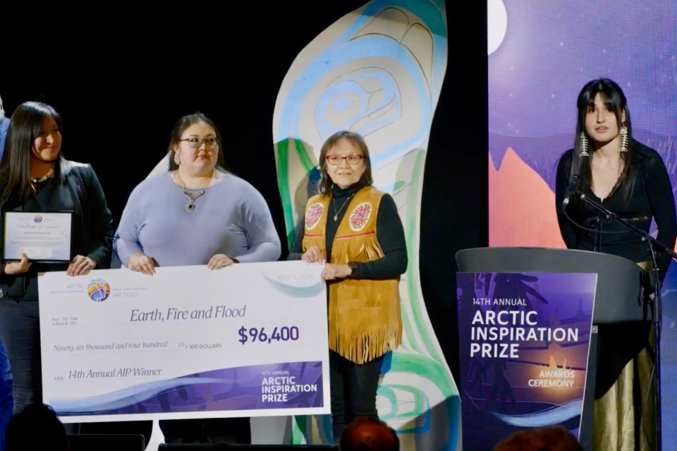 Shaznay Waugh, right, in a still from a live stream of the 2026 Arctic Inspiration Prize ceremony in Whitehorse.