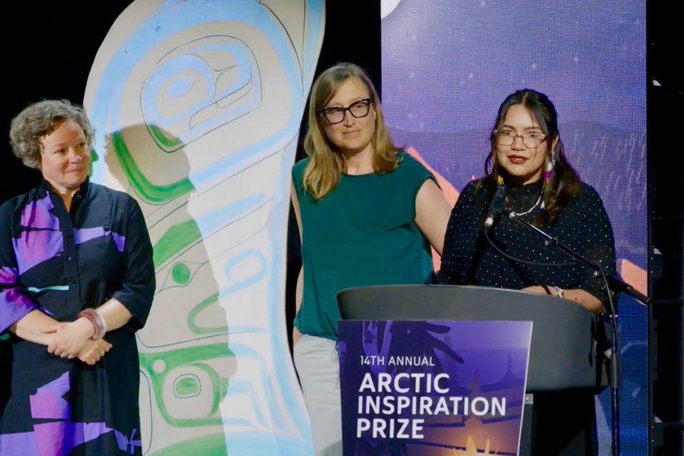 Anonda Canadien, right, in a still from a live stream of the 2026 Arctic Inspiration Prize ceremony in Whitehorse.