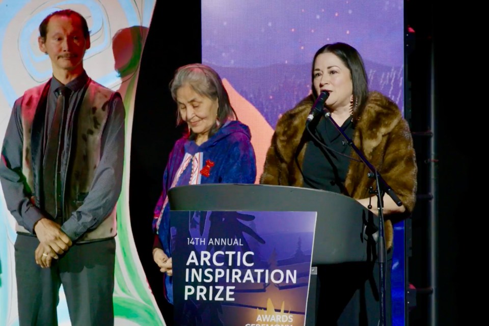 Crystal Gail Fraser, right, in a still from a live stream of the 2026 Arctic Inspiration Prize ceremony in Whitehorse.