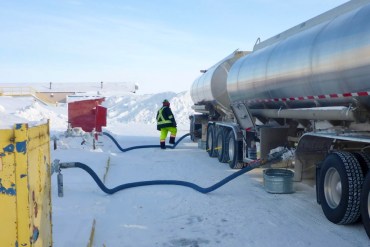 A load of fuel being transferred at the Ekati diamond mine in March 2026. Photo: GNWT