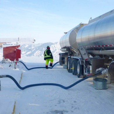 A load of fuel being transferred at the Ekati diamond mine in March 2026. Photo: GNWT