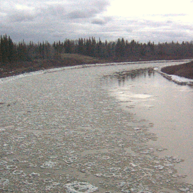 A view of the Hay River from Pine Point Bridge on the evening of May 8, 2026.